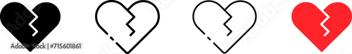 Broken heart icons. Different styles, set of broken hearts icons for design. Vector icons