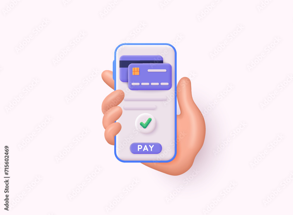 Hand holding mobile smart phone with credit card. Finance, online banking and shopping payment. 3d with payment protection concept. 3D web Vector Illustrations. Hand holding mobile smart phone with credit card. Finance, online banking and shopping payment. 3d with payment protection concept. 3D web Vector Illustrations.