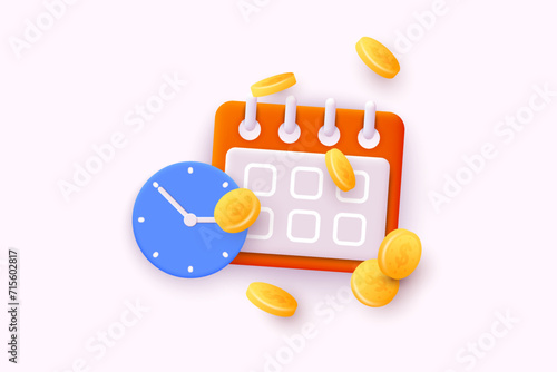 3d time watch and calendar for manage concept of time, service and support around clock. 3D Web Vector Illustration.