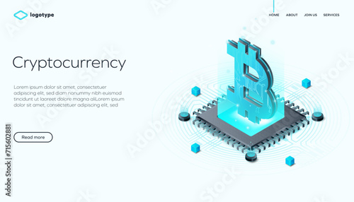 Cryptocurrency and blockchain network business isometric vector illustration. Crypto currency exchange or transaction process background. Digital Technology. (ID: 715602881)