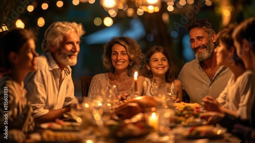 Happy family members enjoy talking and having dinner together on Easter celebrations at home. Hispanic grandparents, father, mother, and kids spend holiday lifestyle, Roasted Turkey on dining table