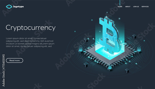 Cryptocurrency and blockchain network business isometric vector illustration. Crypto currency exchange or transaction process background. Digital Technology. (ID: 715603045)