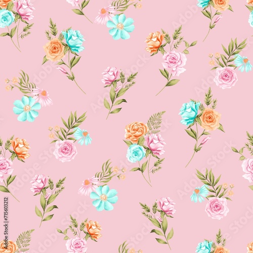 Watercolor flowers pattern, blue, pink and orange tropical elements, green leaves, pink background, seamless © Leticia Back