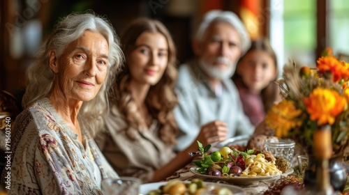 People looking camera together on Easter dinner joyful atmosphere celebration at home with family members grandparents, father, mother, and kids, Roasted Turkey, pasta and salad on dining table