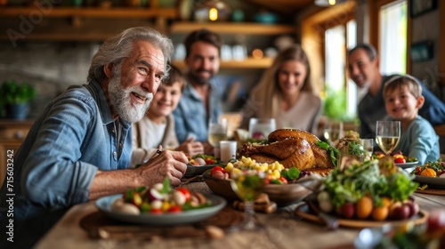 Happy family members enjoy talking and having dinner together on Easter celebrations at home. Hispanic grandparents, father, mother, and kids spend holiday lifestyle, Roasted Turkey on dining table photo