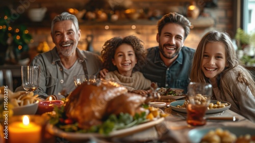 Happy family members enjoy talking and having dinner together on Easter celebrations at home. Hispanic grandparents  father  mother  and kids spend holiday lifestyle  Roasted Turkey on dining table