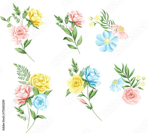 Fototapeta Naklejka Na Ścianę i Meble -  Watercolor Bouquet of flowers, isolated, white background, pink, yellow and blue roses and green leaves