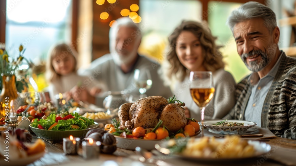 Happy family members enjoy talking and having dinner together on Easter celebrations at home. Hispanic grandparents, father, mother, and kids spend holiday lifestyle, Roasted Turkey on dining table