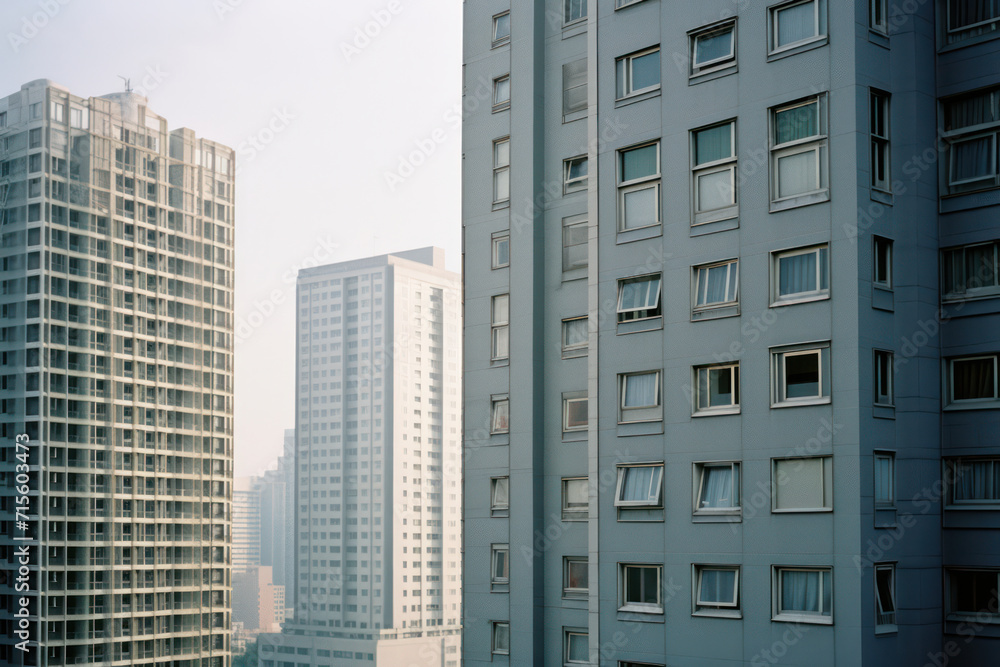 Obraz premium Modern Urban Skyline: A Contemporary High-Rise Apartment Building with Blue Balconies and a Vibrant Cityscape Background