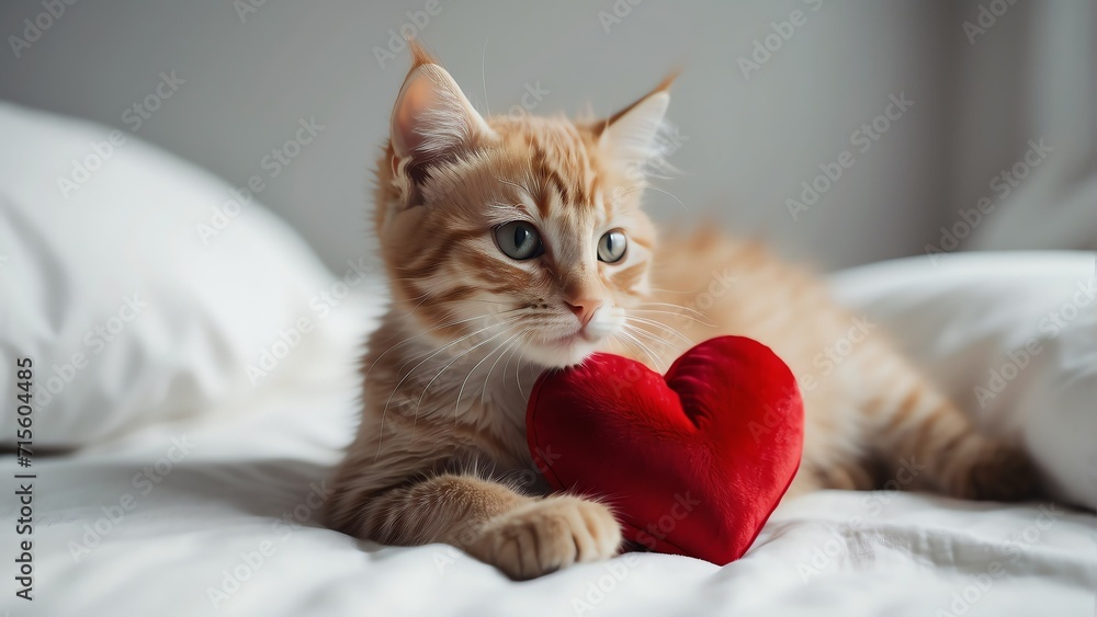 A cute kitten with a red heart shaped pillow on plain white background from Generative AI