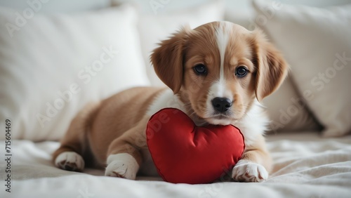A cute puppy with a red heart shaped pillow on plain white background from Generative AI © sevenSkies