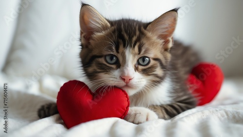 A cute kitten with a red heart shaped pillow on plain white background from Generative AI © sevenSkies