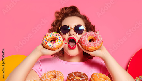 portrait of a funny and plus size young woman eating donuts in studio, colorful background