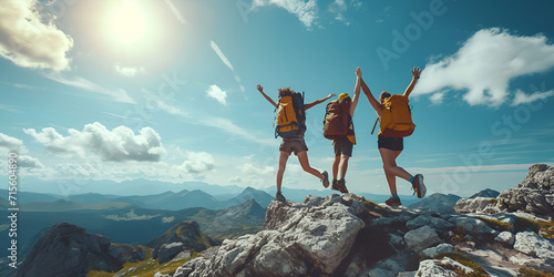 Hikers with backpacks jumping with arms up on top of a mountain - Couple of young happy travelers climbing the peak - Family, travel and adventure concept, generative ai © Saleem