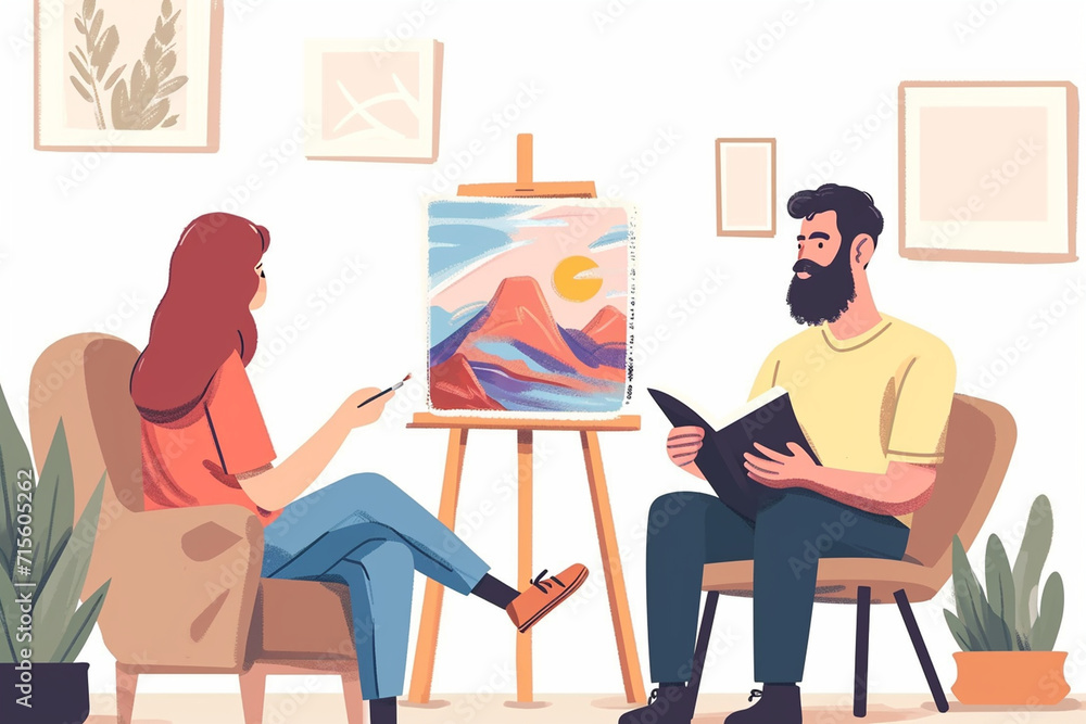 An art therapist helping a client express emotions through painting, psychological help drawings, flat illustration An art therapist helping a client express emotions through painting, psychological help drawings, flat illustration