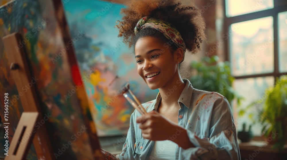 Creative female artist standing working on a new painting.Happy young woman painting on canvas in her art studio.
 - obrazy, fototapety, plakaty 