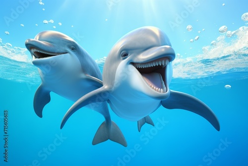 Funny cartoon dolphins in the sea under the water.