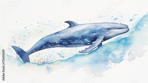 Watercolor blue whale illustration isolated on white background. World Whale Day Card. 