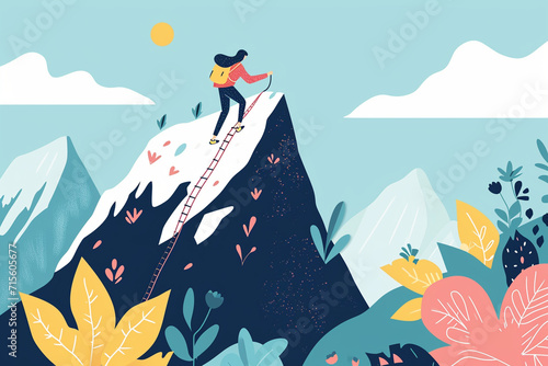 A character climbing a mountain, representing the challenges and triumphs in therapy, psychological help drawings, flat illustration photo