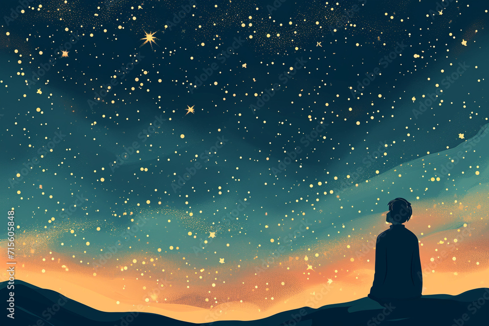 Fototapeta premium A person gazing at the stars, symbolizing self-discovery and contemplation, psychological help drawings, flat illustration