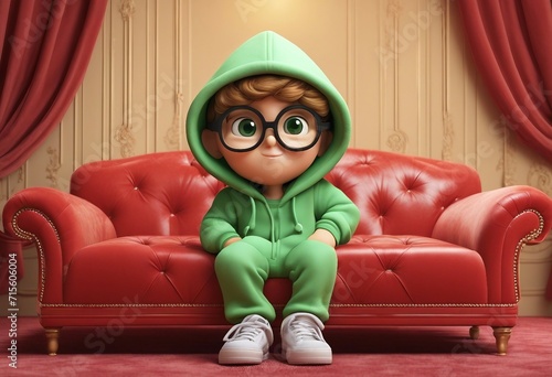 A cute cartoon character sitting on red sofa and wearing a light green hoodie with a colorful background.