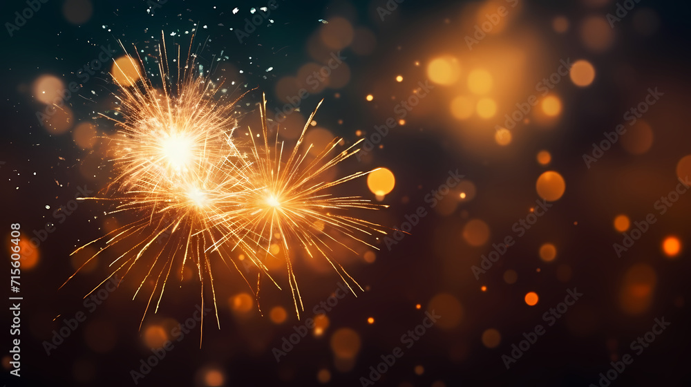Obraz premium Happy New Year, burning fireworks with bokeh light background