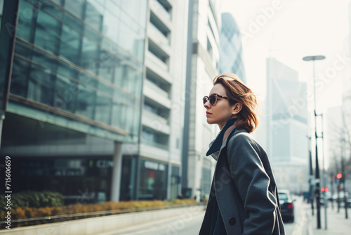AI Generated Image Young businesswoman walking in downtown next to the office buildings photo