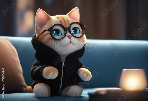 A cute cat cartoon character with light blue eyes sitting on a sofa and wearing a black hoodie with background.