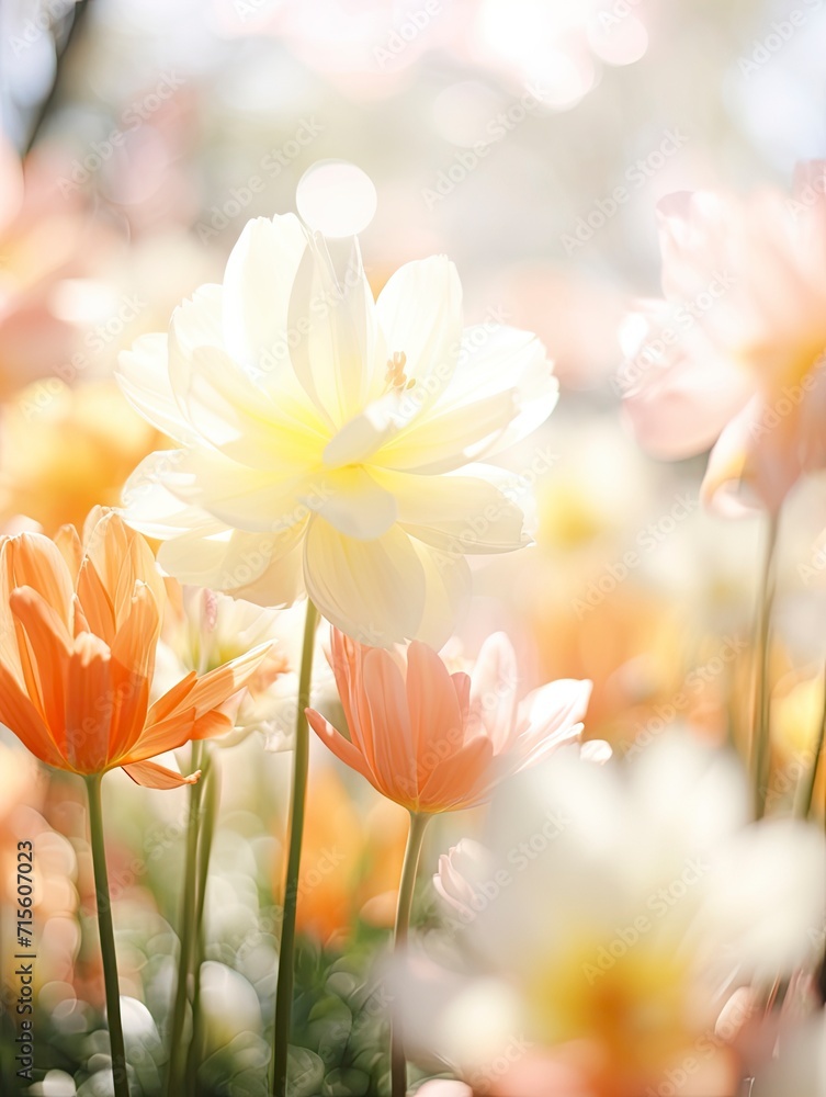 sunlight on Easter flowers, abstract blank blurred spring background, beauty in nature concept, copy space - generative ai