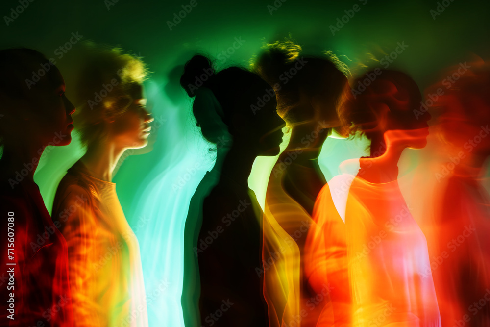 © ADDICTIVE STOCK - AI Generated Image Ghostly silhouettes of a diverse group of women in neon light © ADDICTIVE STOCK - AI Generated Image Ghostly silhouettes of a diverse group of women in neon light