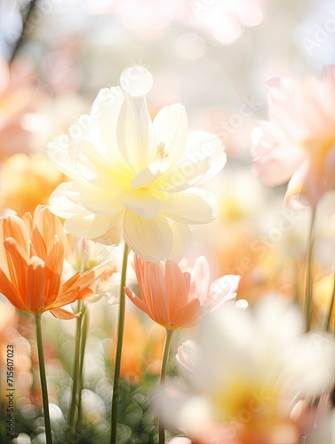 sunlight on Easter flowers  abstract blank blurred spring background  beauty in nature concept  copy space - generative ai