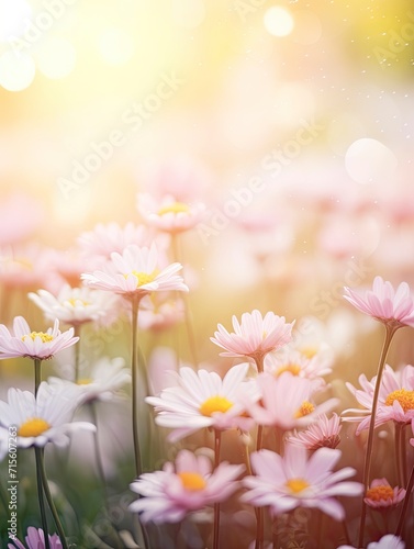 sunlight on Easter flowers, abstract blank blurred spring background, beauty in nature concept, copy space - generative ai