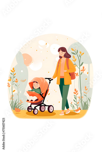 A young mother walks with a newborn who is in a stroller. Illustration for landing pages and magazine articles. Young modern european woman on a walk among nature.