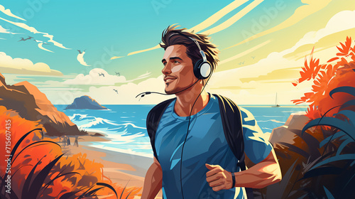 Strong male jogging on beach near ocean illustration. Hold tempo while running flat style. Active lifestyle, nature, health concept photo