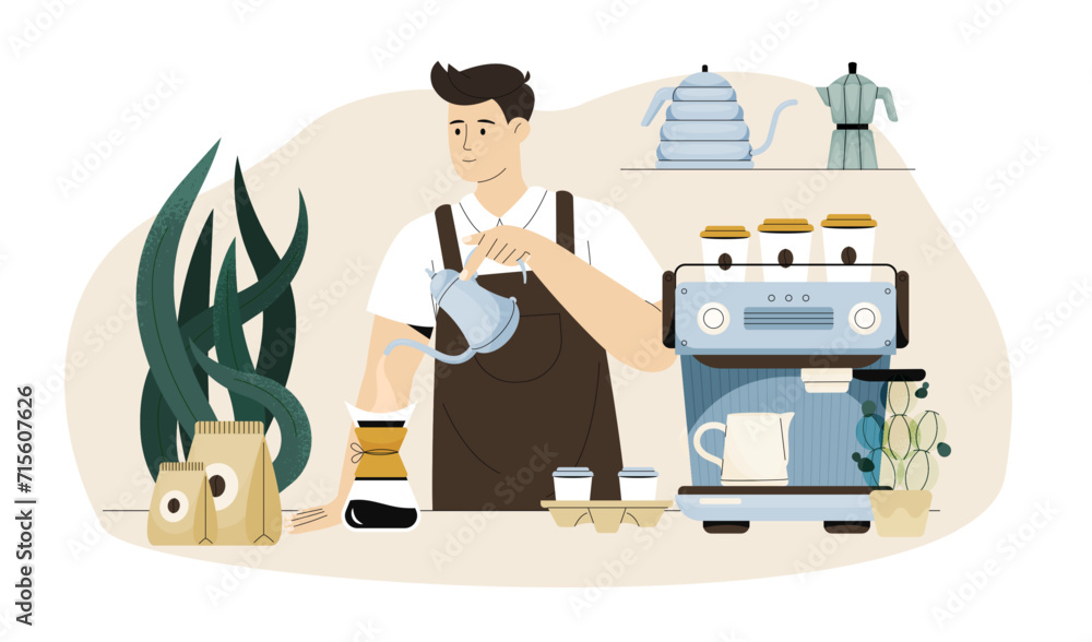 Barista making coffee. Cartoon cafe worker preparing coffee in cafe with coffee machine, barista making filtered coffee. Vector set