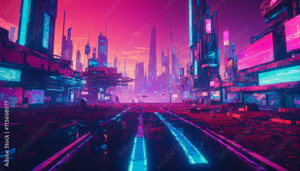 A glitched-out, pixelated landscape of a virtual reality world, neon lights, cyberpunk aesthetic, sharp focus. AI Generativ