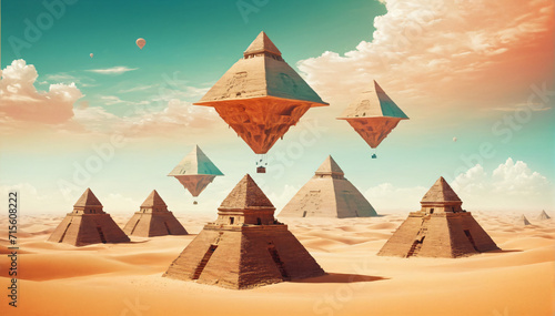 A surreal desert landscape with floating islands and upside-down pyramids  inverted colors  dreamy atmosphere. AI Generativ