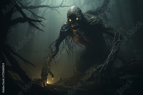 Terrifying creature lurking in a mystical forest at night. A fantasy illustration full of horror and terror. Generative AI