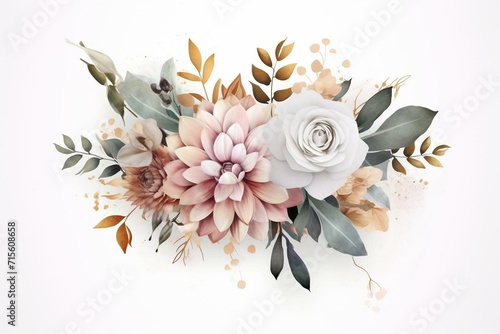 Floral bouquet on white background with eucalyptus and pink gold dust elements. Generative AI