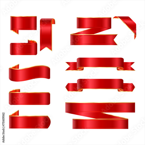 Silk 3d ribbon banners vector set isolated. illustration of red ribbon collection for decoration swirl