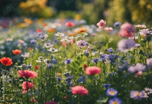 a field of bright colored flowers growing in the sun light © Wirestock