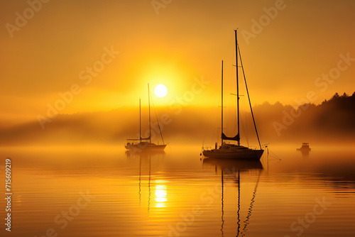 A serene sunrise illuminates misty waters, silhouetting anchored sailboats against a golden sky and reflective calm sea, ai generative