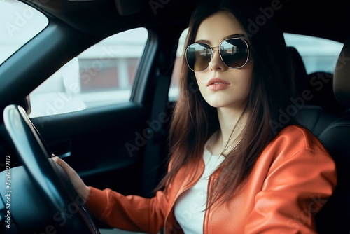 brunette woman in an orange jacket is driving a car, ai generative