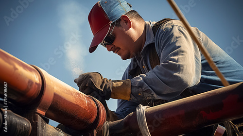 A worker in protective gear is welding a large, red, metal pipe outdoors under a clear sky, showcasing industrial craftsmanship, ai generative photo