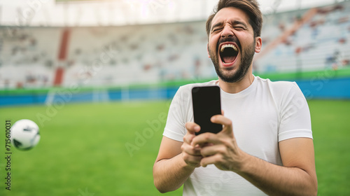 Homem usando um aplicativo de apostas comemorando a vitoria photo