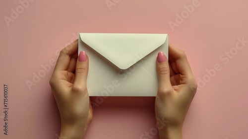  woman hand holding white envelope, close up shot