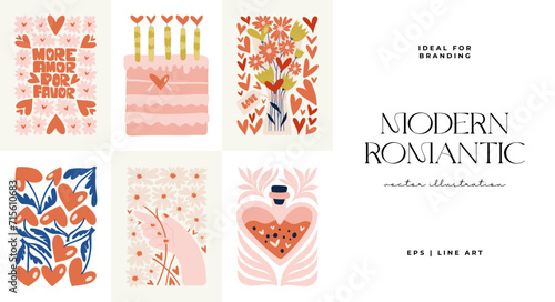 Modern Romantic, Valentine's day vertical flyer or poster template. Love hand drawn trendy illustration.