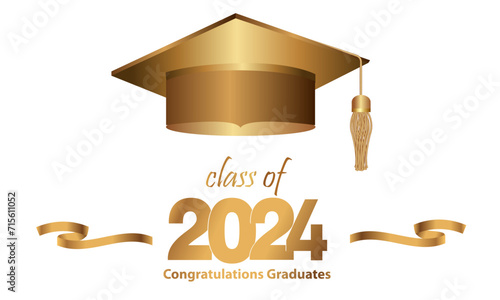 Congratulations on your graduation from school. Class of 2024. Graduation cap, confetti and balloons. Congratulatory banner. Academy of Education School of Learning
