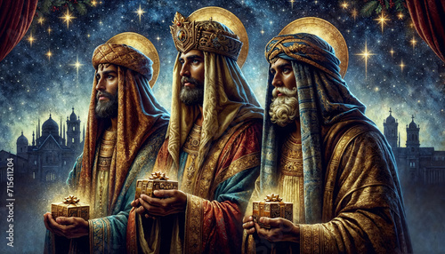 Three Wise Men in traditional attire, holding their gifts of gold, frankincense, and myrrh. The background is a starry night sky, with a subtle silhouette of the nativity scene in the distance. photo