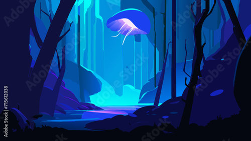 Bioluminescent jellyfish in an underwater cave. vektor illustation